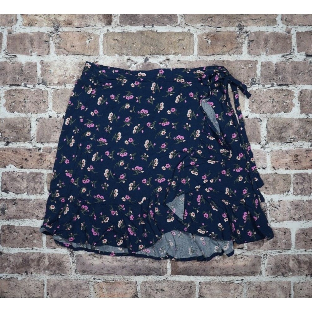 Ultra Flirt Floral Skirt L Navy Faux Wrap Mini Ruffle Boho Cottagecore Junior